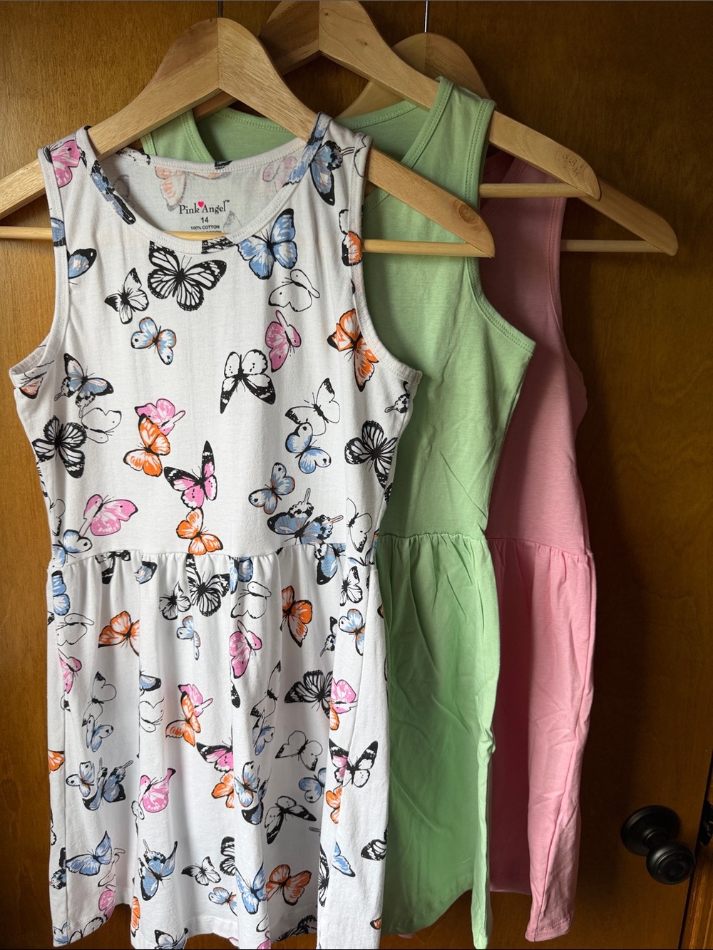 Girls' Butterfly Print & Solid Sleeveless Dress Set - White, Green, Pink
